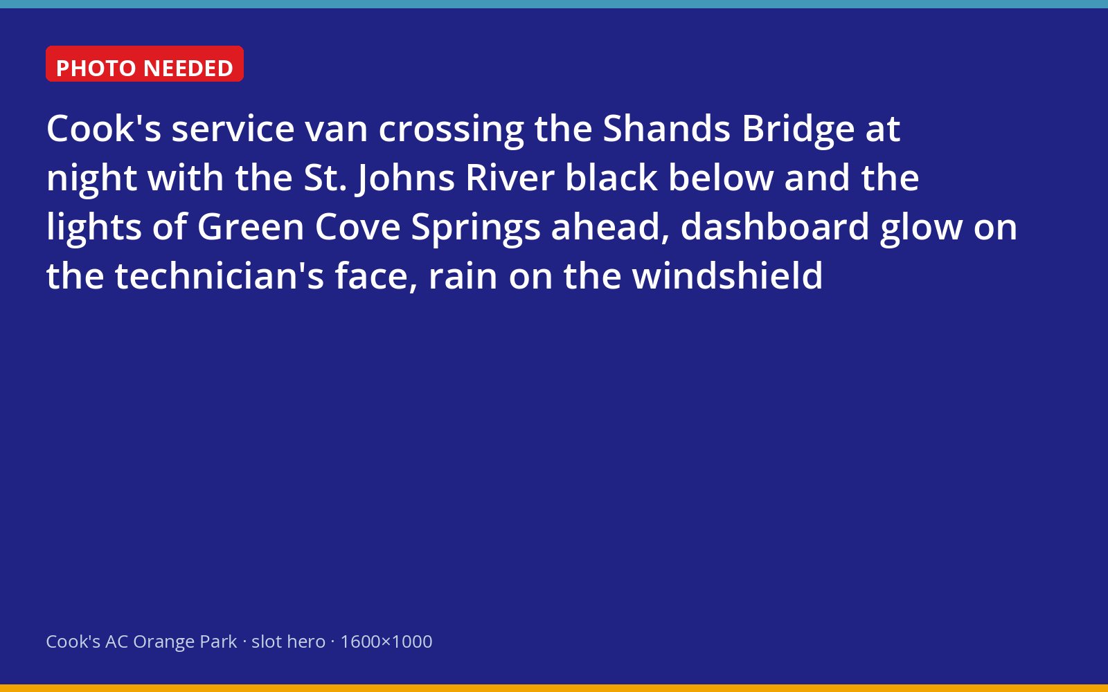 Cook's technician driving over the Shands Bridge toward Orange Park on a nighttime emergency call