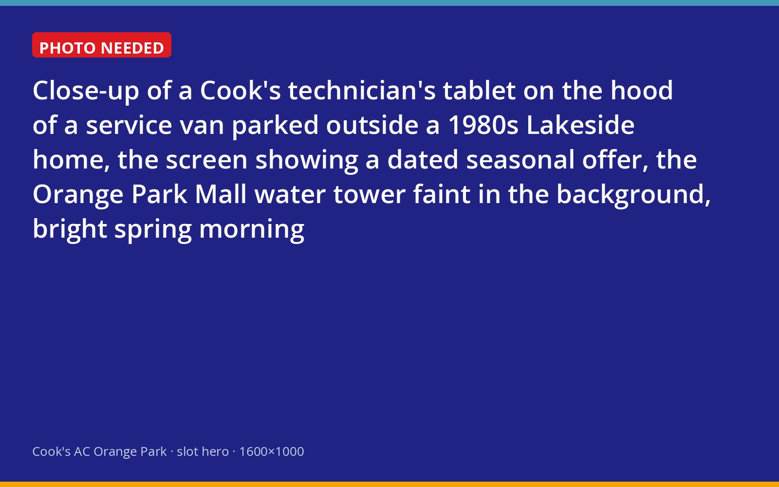 Cook's technician reviewing a current seasonal offer on a tablet outside an Orange Park home