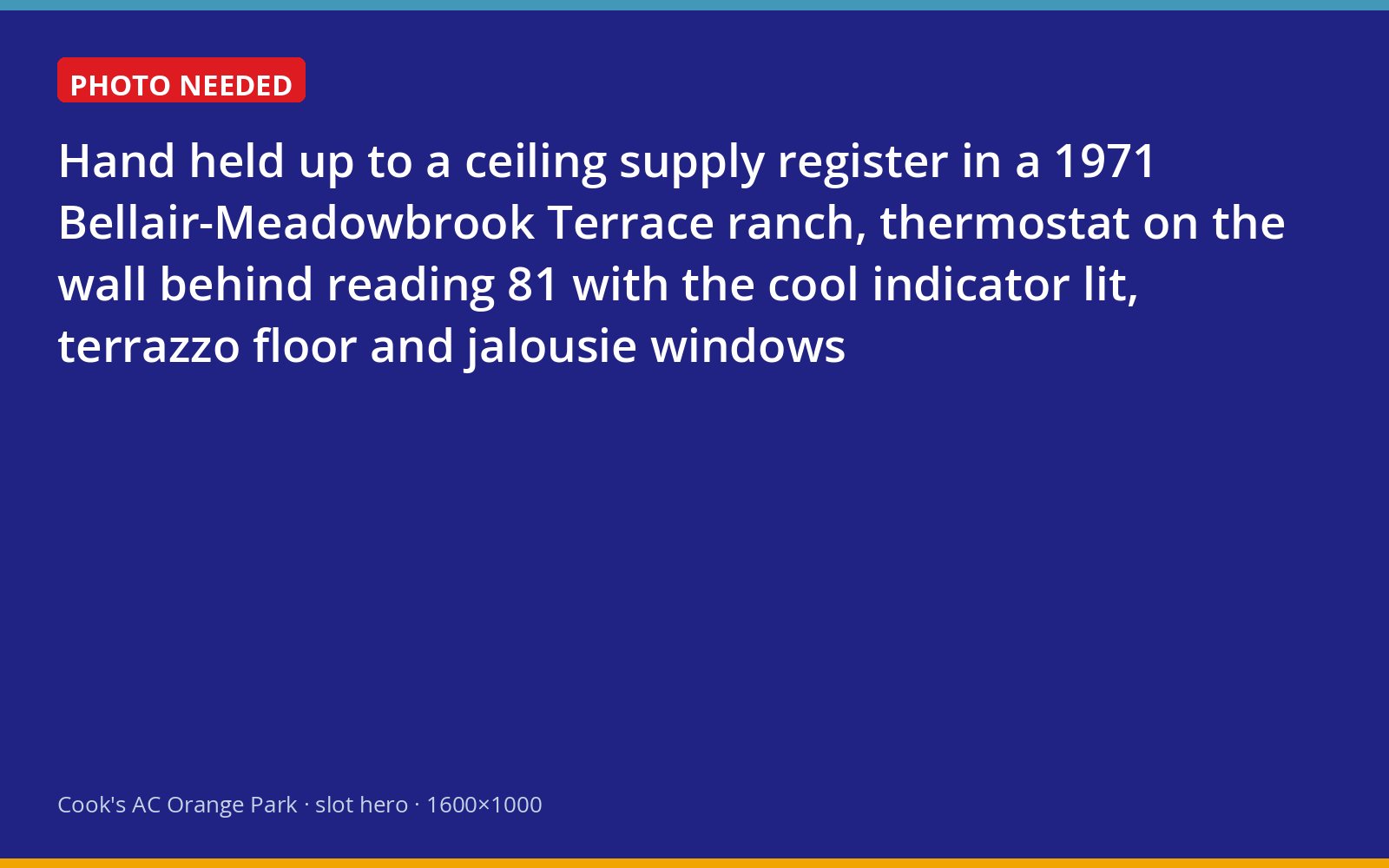 Hand testing warm air from a ceiling register in a Bellair ranch house with the thermostat reading 81