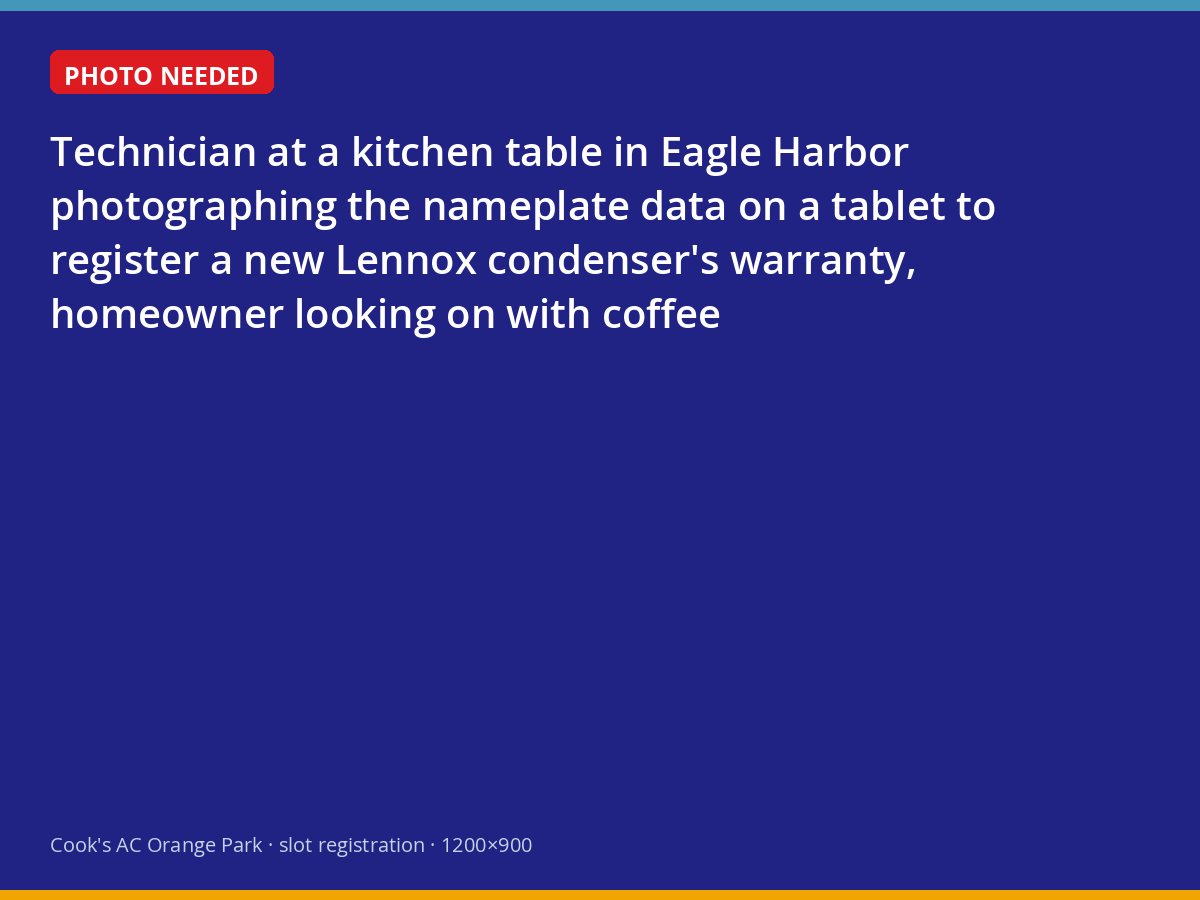 Technician registering a new air conditioner warranty on a tablet at an Eagle Harbor kitchen table