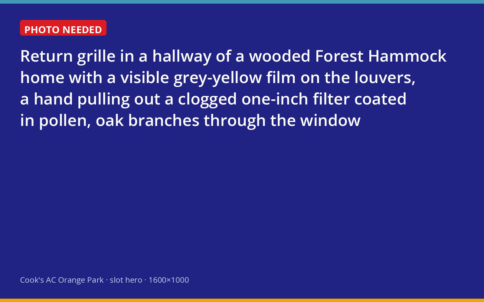 Pollen-coated return grille and clogged filter in a Forest Hammock hallway