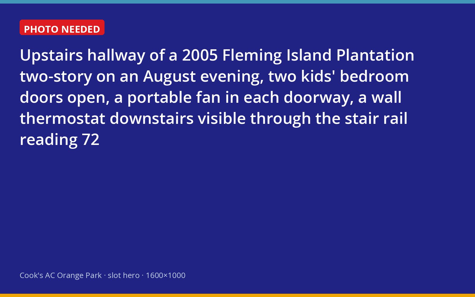 Upstairs hallway of a Fleming Island Plantation home with fans in the bedroom doorways on a hot August evening
