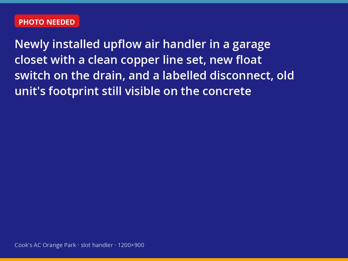 New air handler installed in an Orange Park garage closet with float switch and fresh line set