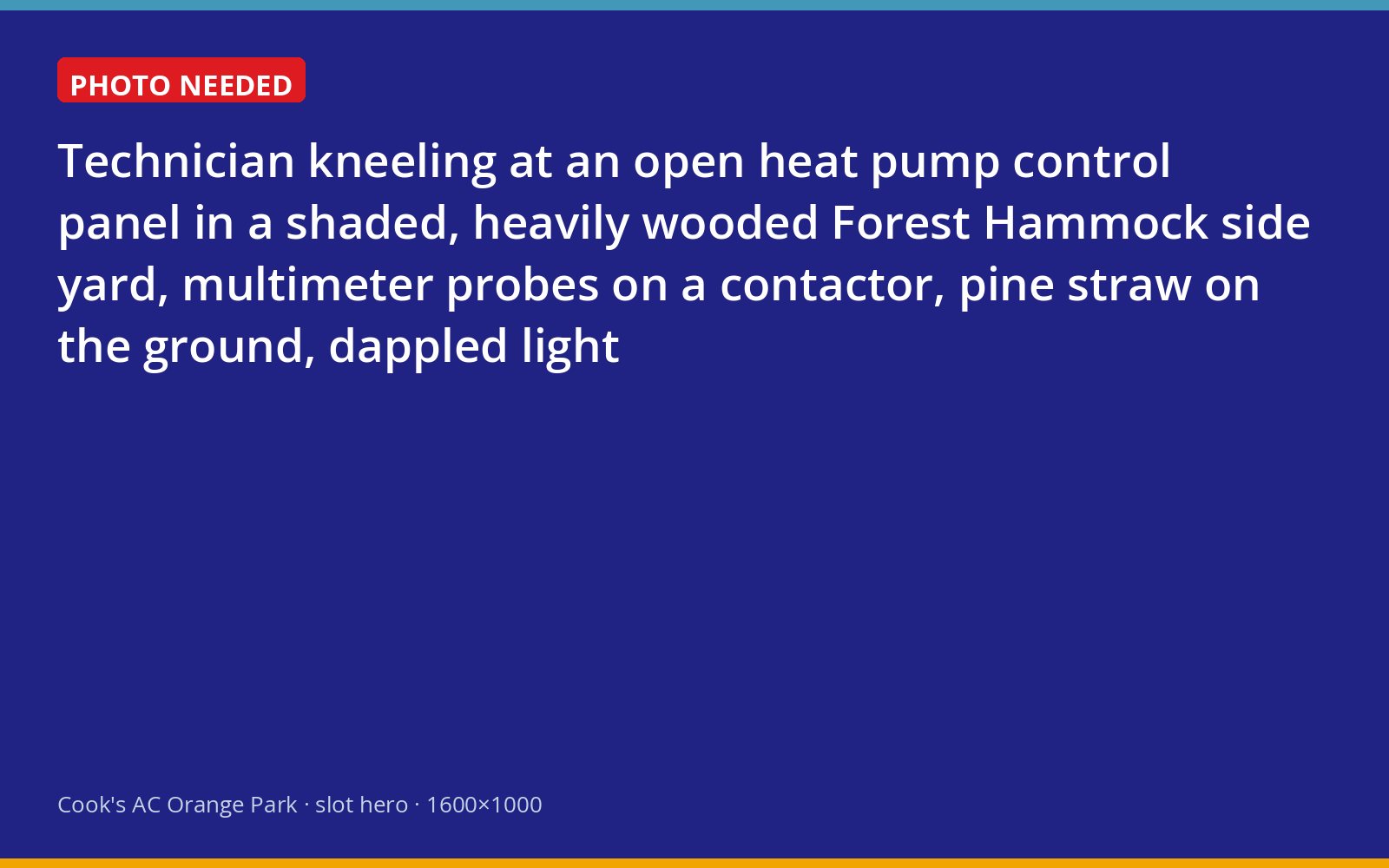 Cook's technician testing the contactor of a heat pump in a wooded Orange Park yard